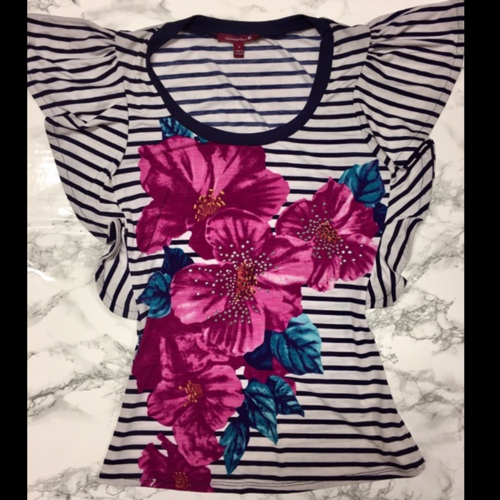 Navy Stripe Floral Ruffle Tshirt